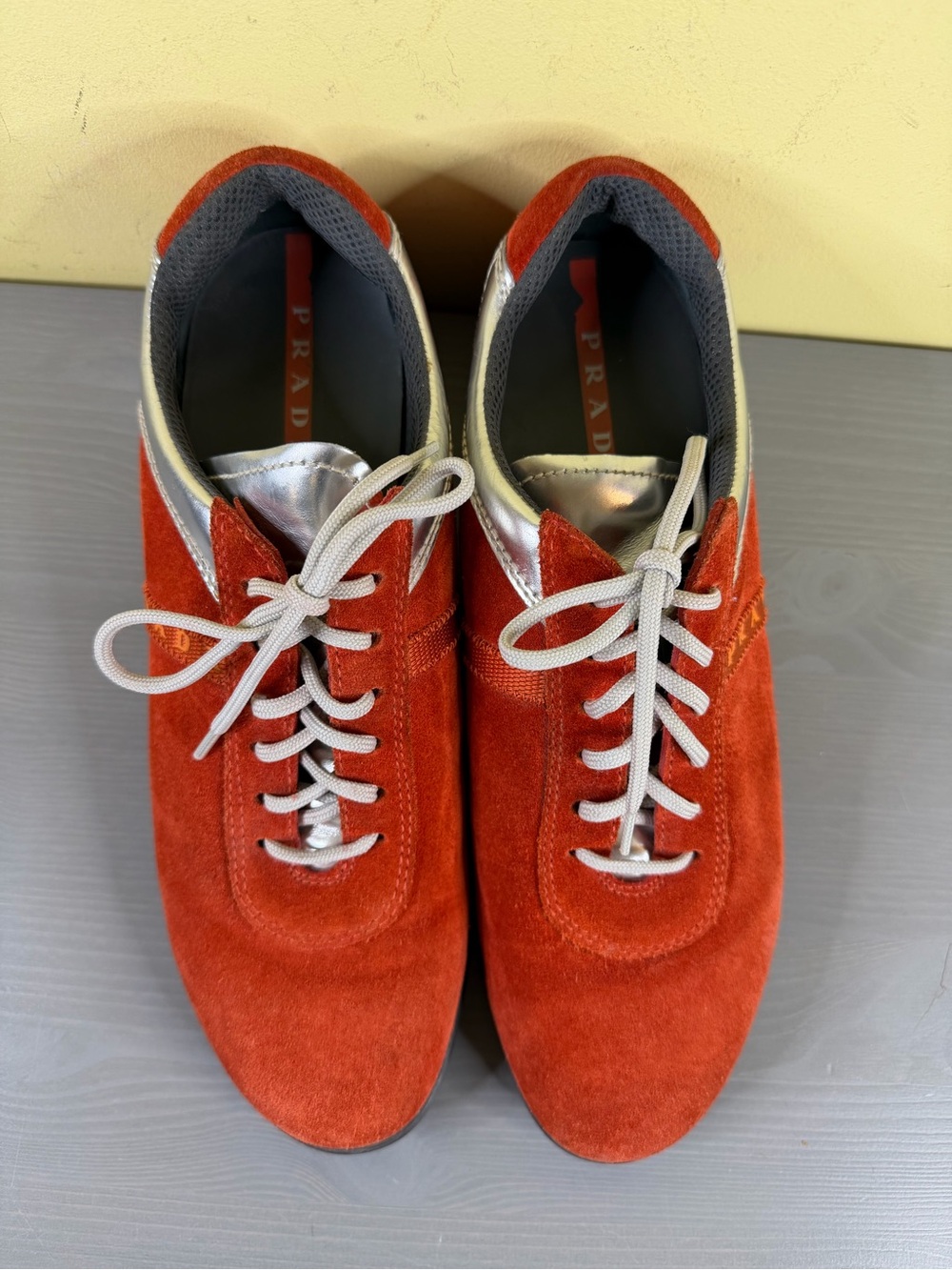 Prada Sport Women’s Red Suede Sneakers with Silver Trim, size 38/ US 7.5